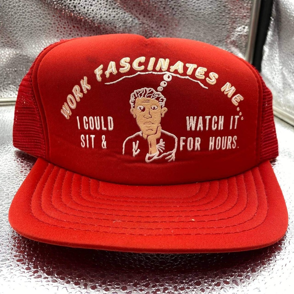 San Sun Trucker Hat Mens‎ OSFA Red Work Fascinates Me Funny Graphic Vintage Cap